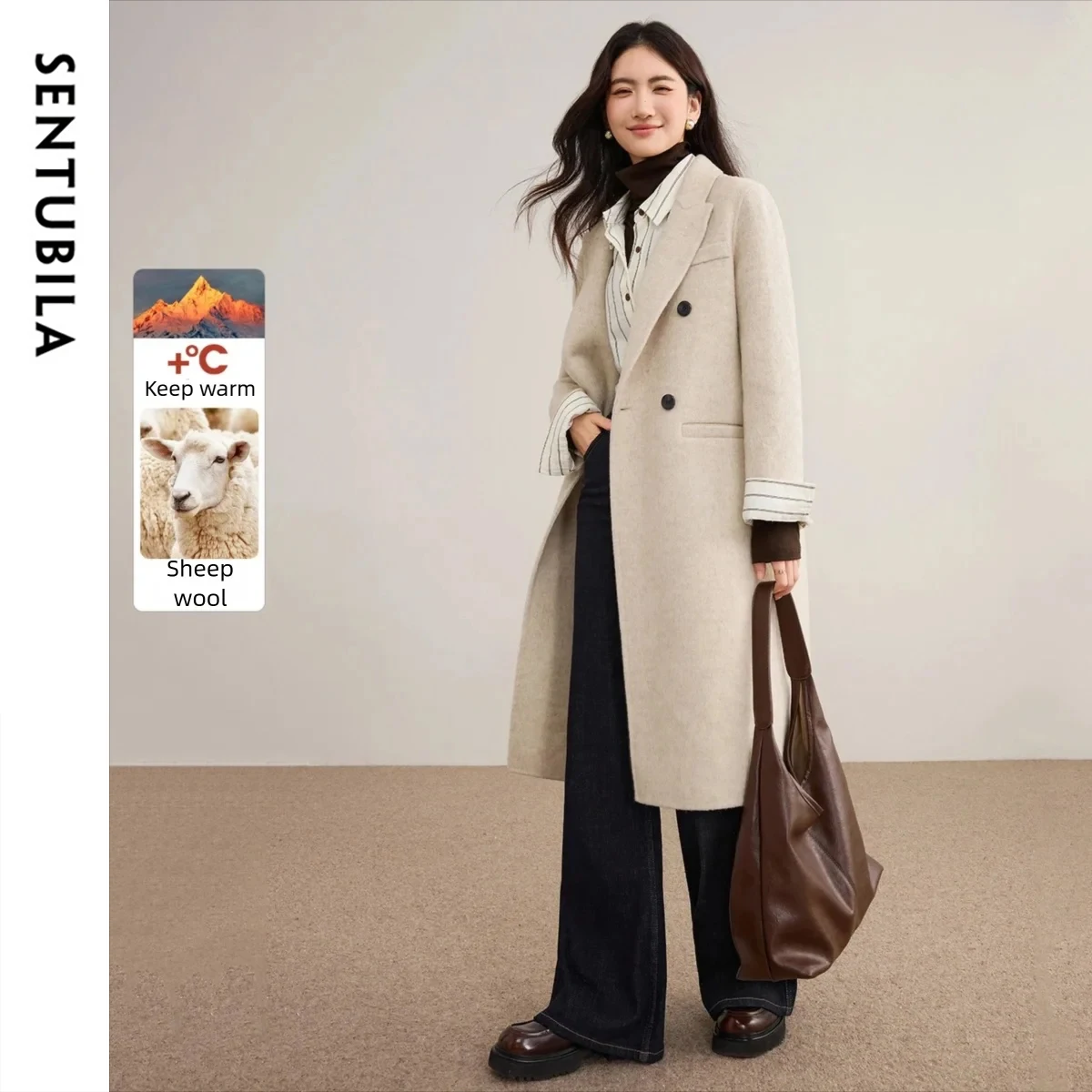 SENTUBILA Women's Woolen Long Coats 2026 Winter Peak Lapel Loose Double Sided Jackets Double Breasted Ladies Overcoats W54OA8769