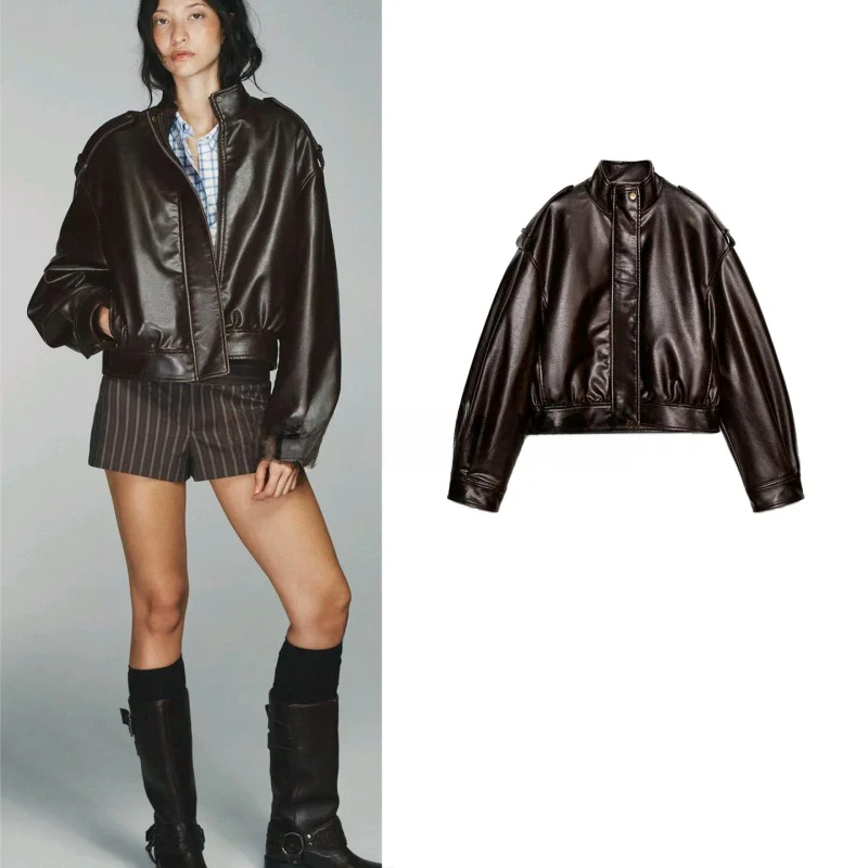 

Retro Sle Zipper Long Sve Stand Collar PU Leather Effect Jaet Women's Faion Spring Collection ort Outerwear