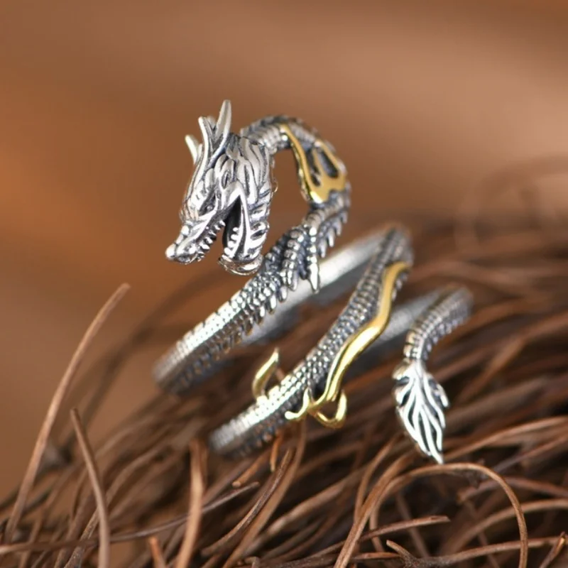 Imagem -03 - Sterling Silver Charms Anéis para Mulheres e Homens Nova Moda Retro Relief Flying Dragon Punk Jóias Bocai-s925