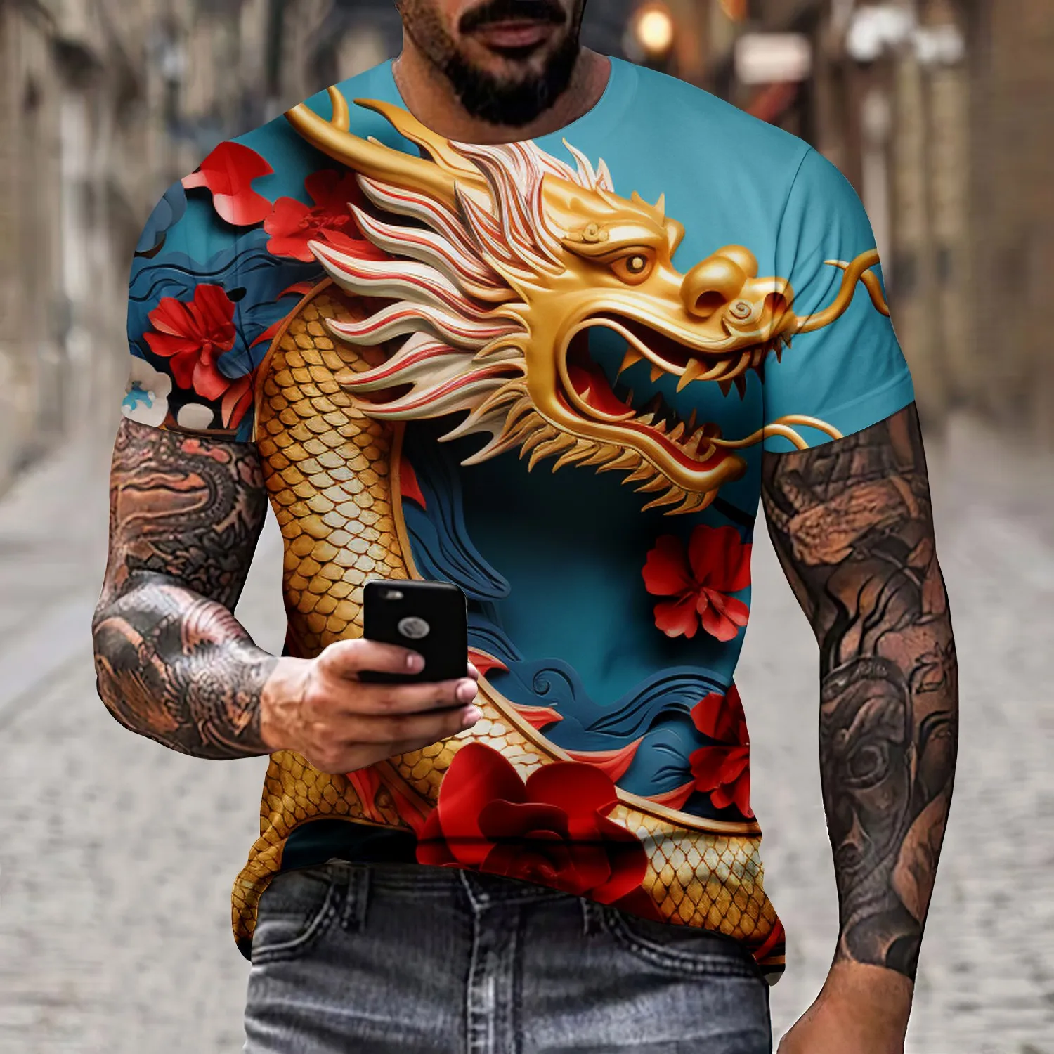 Men\'s T-shirt with 3D dragon and lion print novel Chinese style short sleeved couple fashion top street clothing birthday gift