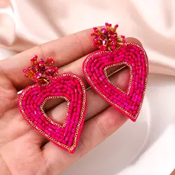 Beaded Drop Earrings Handmade Seed Bead Heart Hoop Dangle Earrings Bohemia Statement Earring Studs for Women Girls