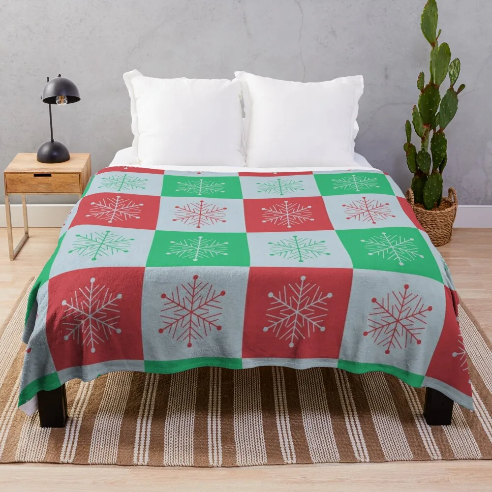 

Checkered Christmas Snowflakes on Green and Red Checkerboards Throw Blanket Shaggy Blankets