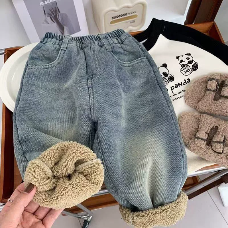 Kids Velvet Jeans Spring Winter New Boys Loose Thick Pants Children Warm Demin Pants Casual Trousers 2-8 Years Old