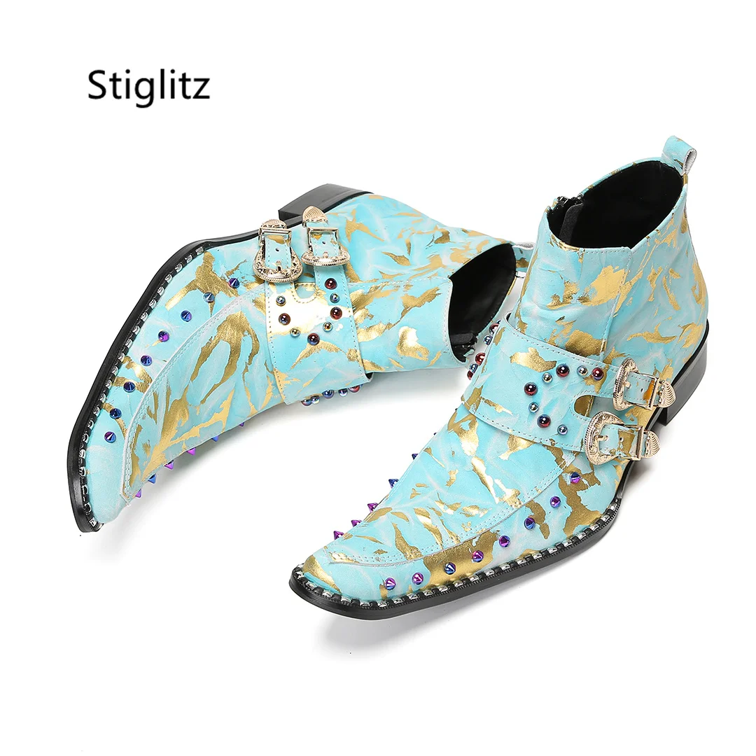 Double Buckle Print Men's Boots Square Toe Rivet Genuine Leather Ankle Boots British Style Party Wedding Shoes for Men Side Zip