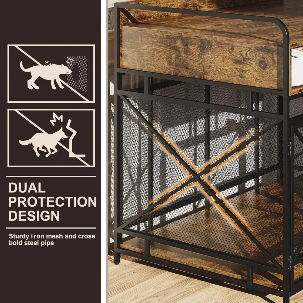 Dogs Crate Furniture, Wooden Dog Crate End Table,43 Inch Dogs Kennel with Drawers, Decorative Pet Crate Dog Cage