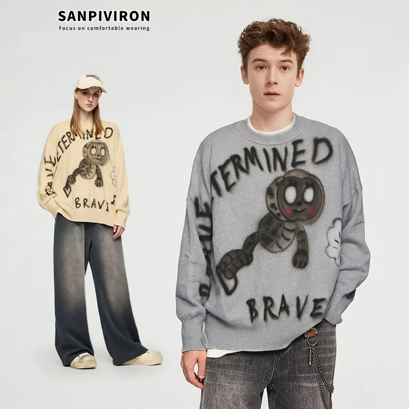 Unisex cartoon patterned sweater with loose graffiti effect, street knitted sweater with loose casual round neck clothing