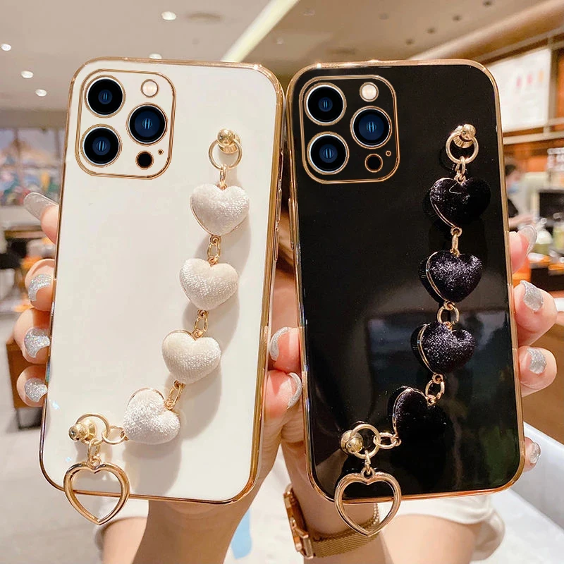 Case For Xiaomi Redmi Note 13 12Pro 12C 12S 11 11S 10C 10S 9 9S 9A 9C 9T A1 A2 Love Heart Plush Wrist Chain Luxury Plating Cover