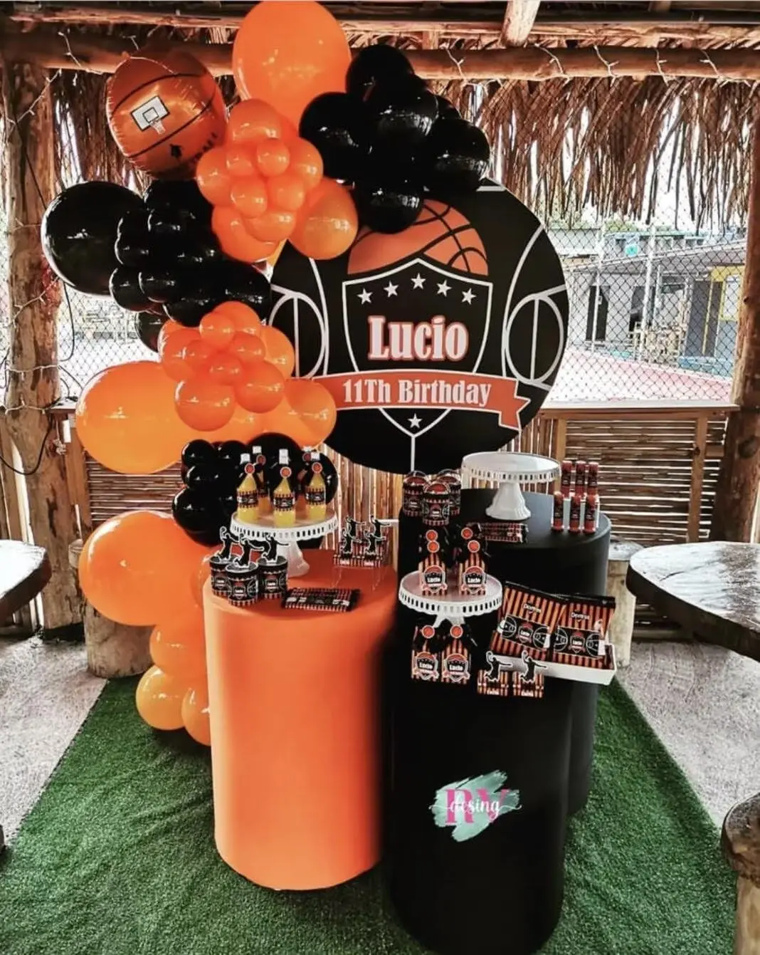 Orange Pedestal Cylinder Covers for Boy Birthday Parties Basketball Sports Theme Tablecloth Decor