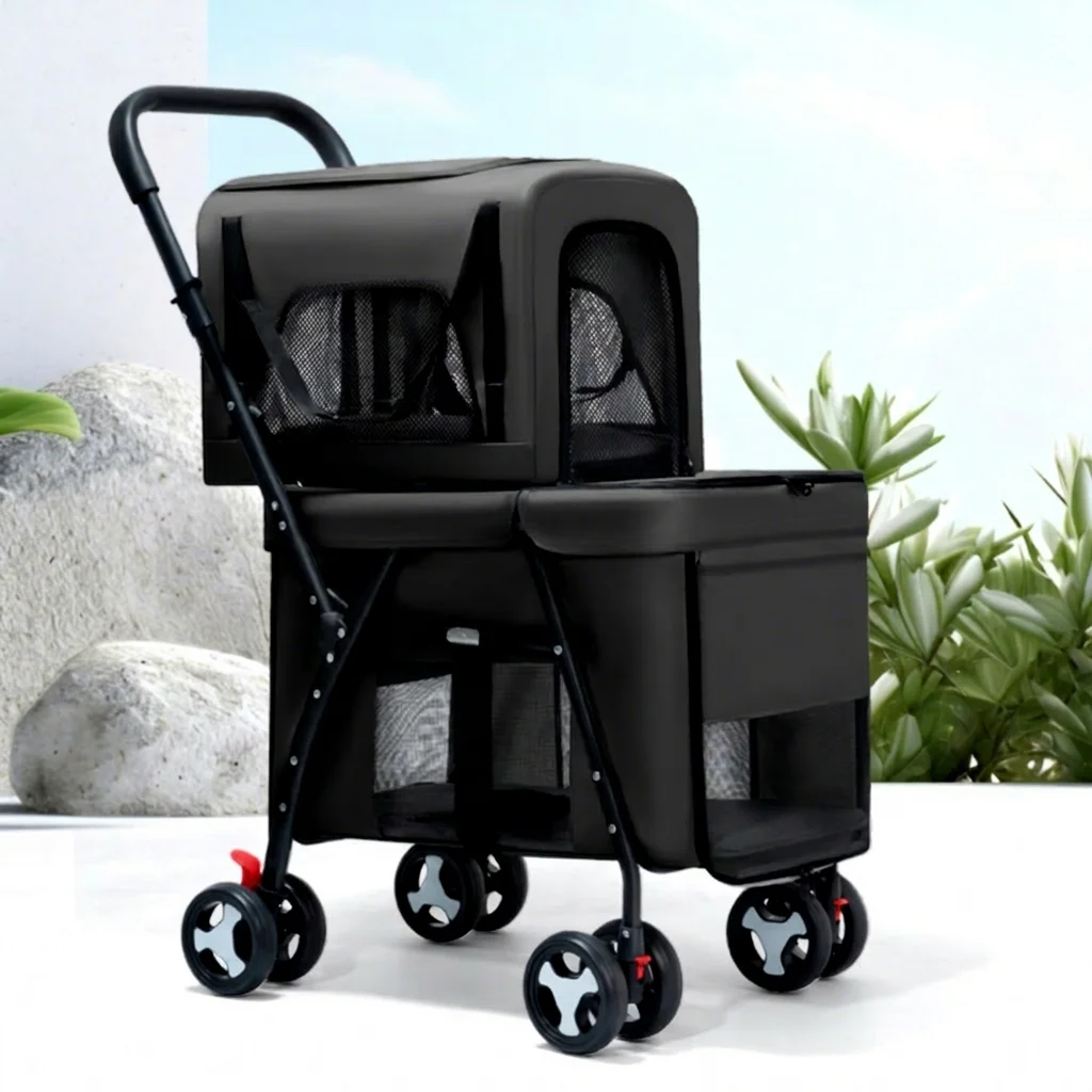 Black Eco-friendly ABS Pet Stroller with 4 Wheels Breathable Mesh Foldable for Dogs All Season Use