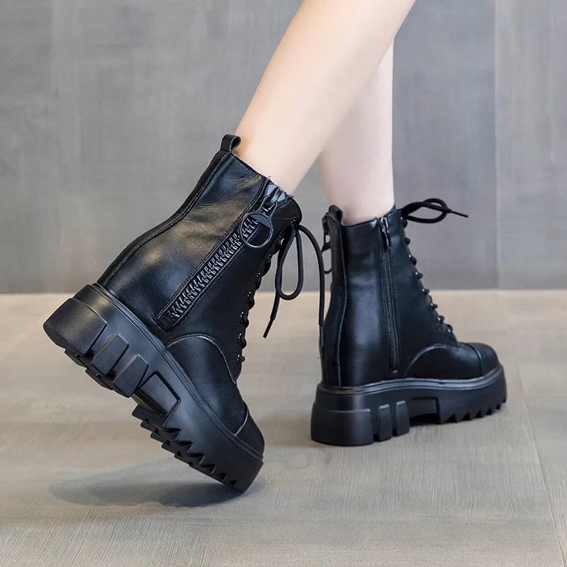 Fashionable Elegant Leather Women's Motorcycle Boots With Round Toe Thick Bottom High Heel Anti Slip And High Height Short Boots