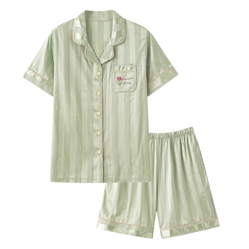 Sexy Silk Satin Pajama Set Big Size M-4XL Women Pyjama Short Sleeve Pijama Summer Turn-down Collar Striped Home Wear