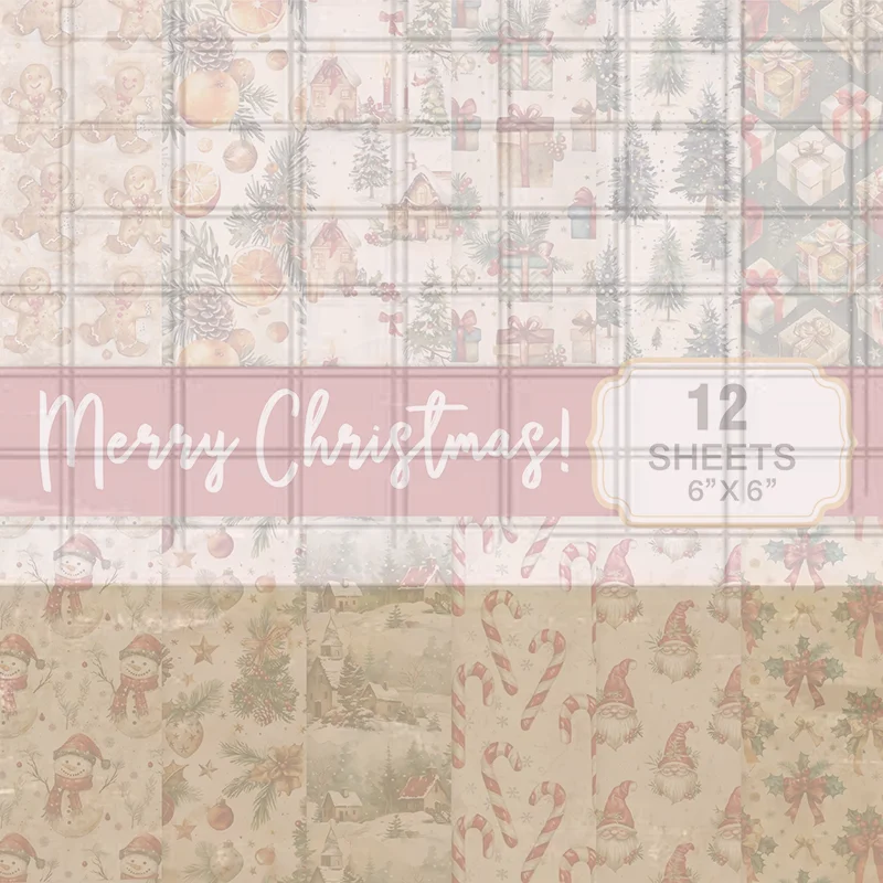 Рождественский бумажный блокнот для скрапбукинга, 12 листов, 6x6, блестящие конфетти, снежинки, односторонние принты, картон, 160 г/м2, декоративный безкислотный