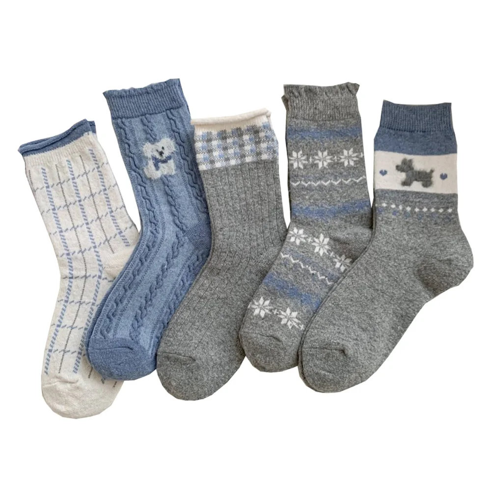 

5 пар женских носков с милыми мультяшными животными, модные полосатые шерстяные носки с принтом, длинные зимние теплые повседневные женские носки-тапочки