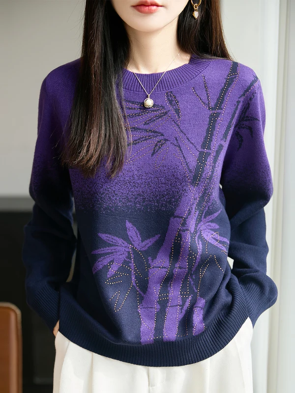 

Thiened adient Color Blo round Ne Knitted Sweater Women's Base Layer irt Bamboo Le Rhinestone Design Commute Sle