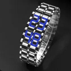 Fashion Silver Full Metal Digital Lava Wrist Watch Men Blue LED Display Mens Watches Gifts for Male Boy Sport Creative Clock