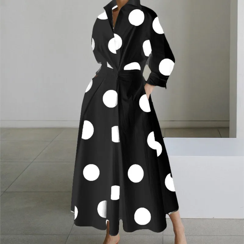 

Autumn Women Fashionable Long Sleeved V-neck Printed Dress Ladies Elegant Polka Dot Print Pocket Patchwork Large Hem Dress 2024