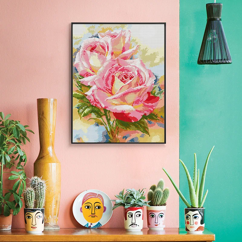 Joy Sunday Cross Stitch Kit DIY Handmade Two Pink Roses Embroidery Flower Pattern Living Room Display Home Decoratin Gifts