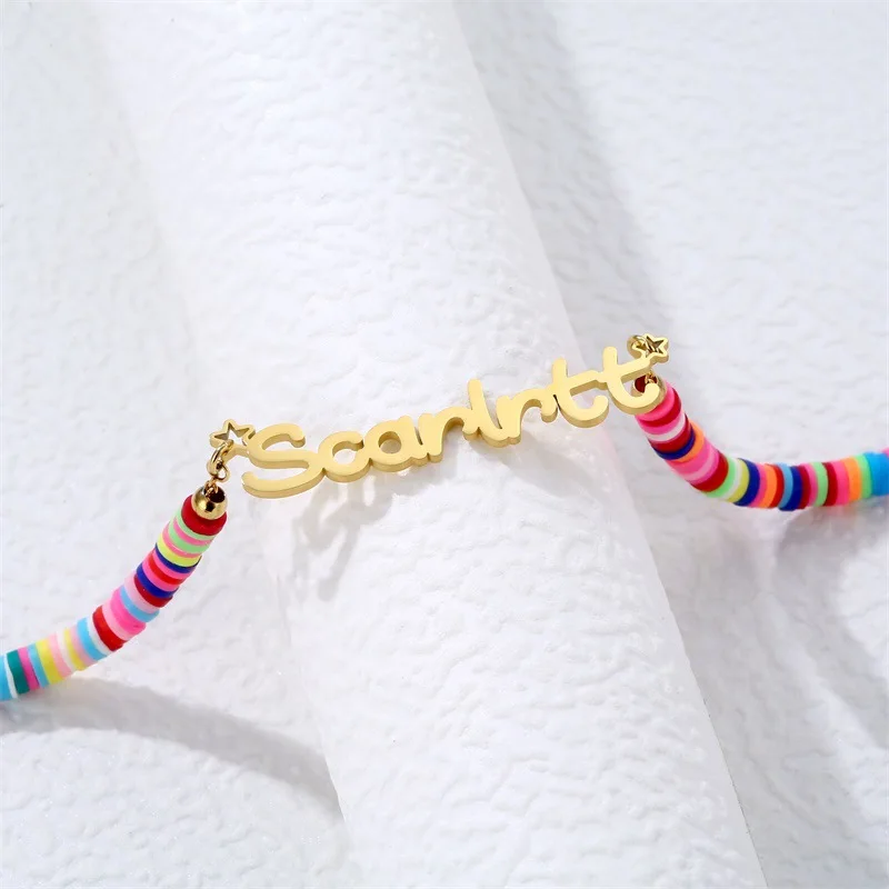 

18K Gold Plated Custom Name Necklace Stainless Steel English Letter Pendant Ceramic Clay Chips Personalized Clay Fashion Jewelry