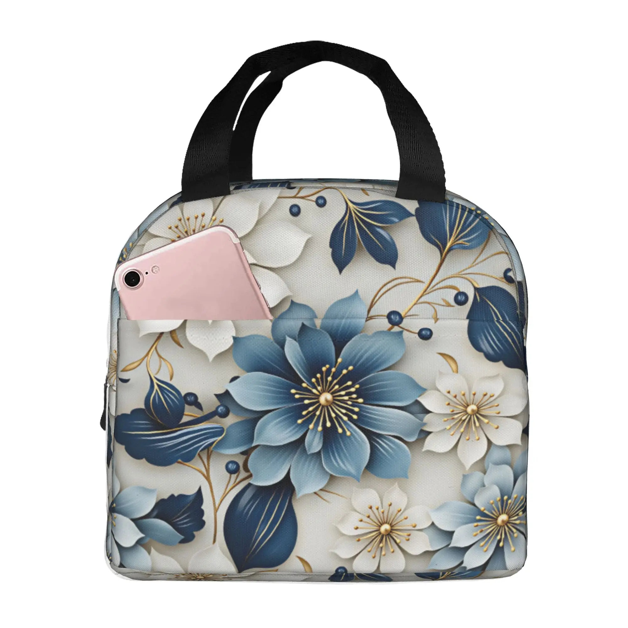 3D Floral Luxury High Fashion Trend Thermal Insulated Lunch Bag Portable Lunch Tote for Outdoor Picnic Multifunction Food Box