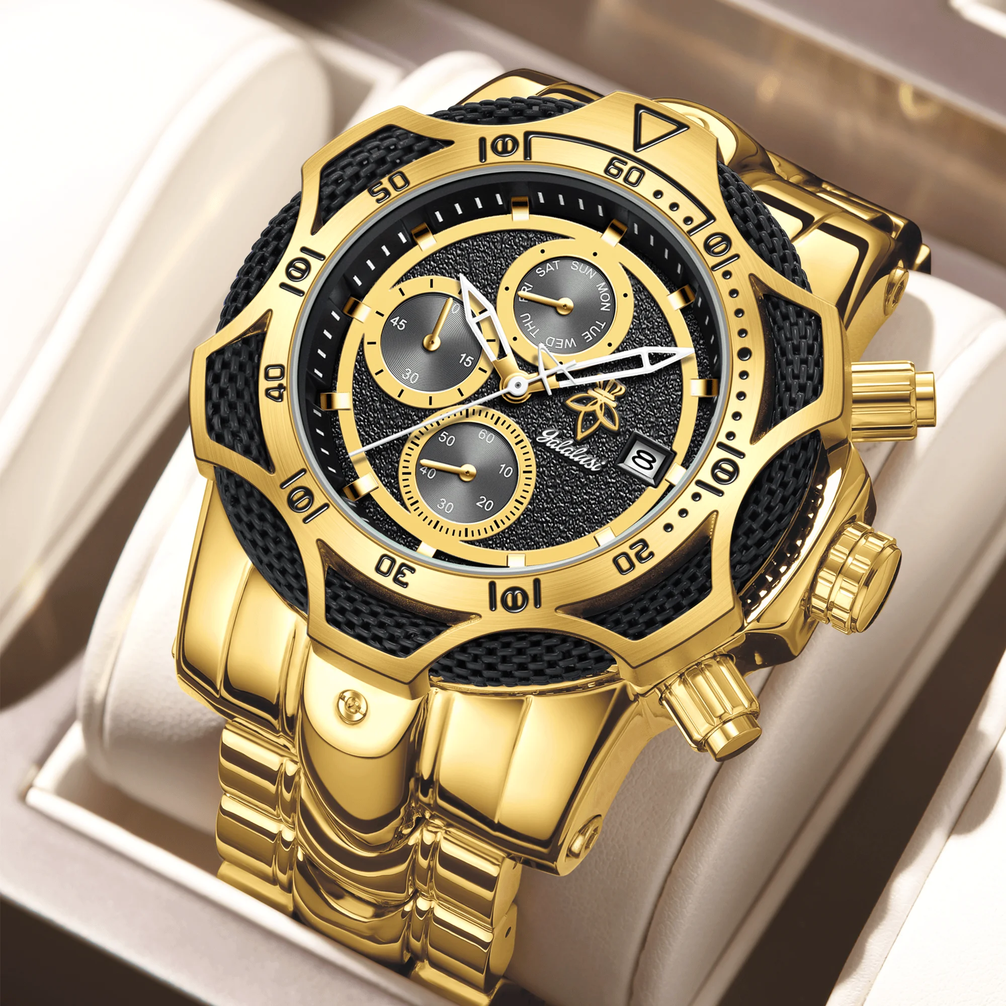 

YaLaLuSi Men's Fashion Gold Sports Watch, Waterproof Chronograph Wristwatch with Black Dial & Date Function, Free Shipping