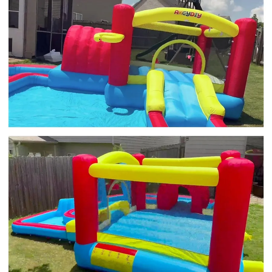 Opblaasbaar springhuis voor kinderen, 10-in-1 waterglijbaan achtertuin met ventilator, waterpark met waterkanonnen, basketbalring, tunne