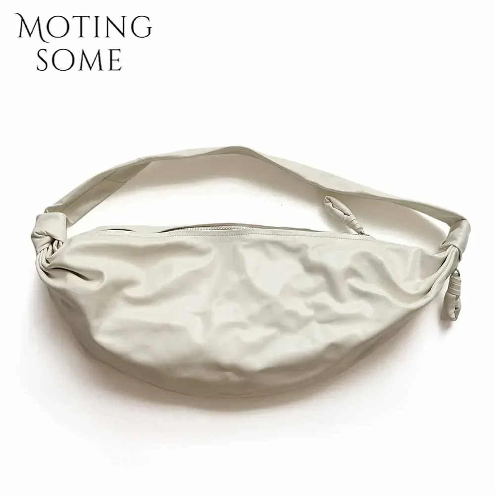 Motingsome Paper Kraft Skin Real Natural Leather Shoulder Bags Luxury Designer Croissant Shape Underarm Hobos Daily Purses 2024