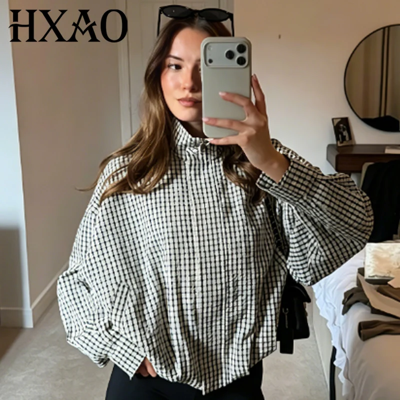 

HXAO Women's Plaid Loose Bomber Jacket 2026 Retro Crop Pleated Stand Collar Zip-up Long Sleeve Top Casual Streetwear Outerwears