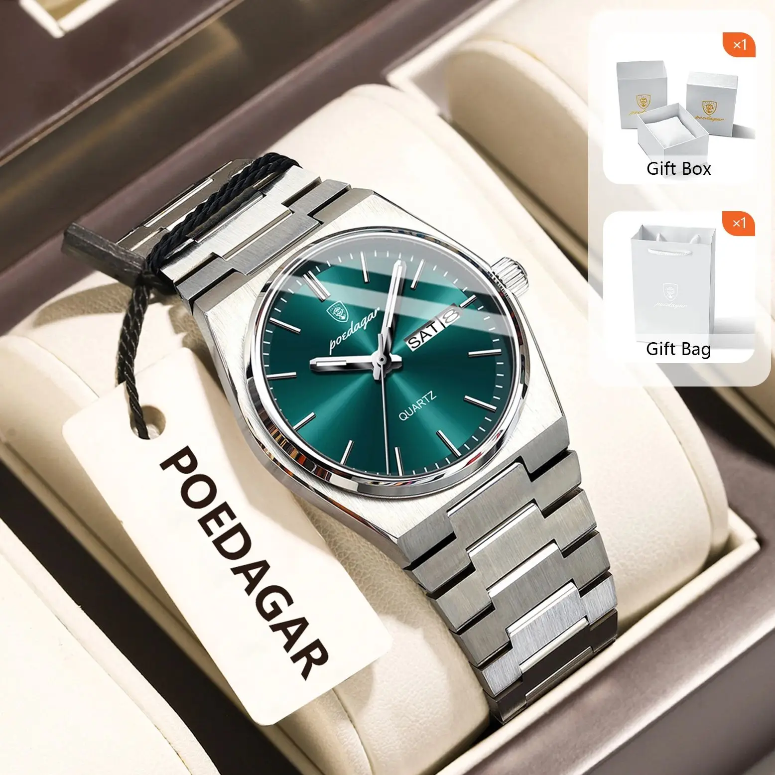 POEDAGAR Top Woman's Watches Date Week Luminous Waterproof Ladies Wristwatch Stainless Steel Quartz Fashion Women Watch+Box Gift