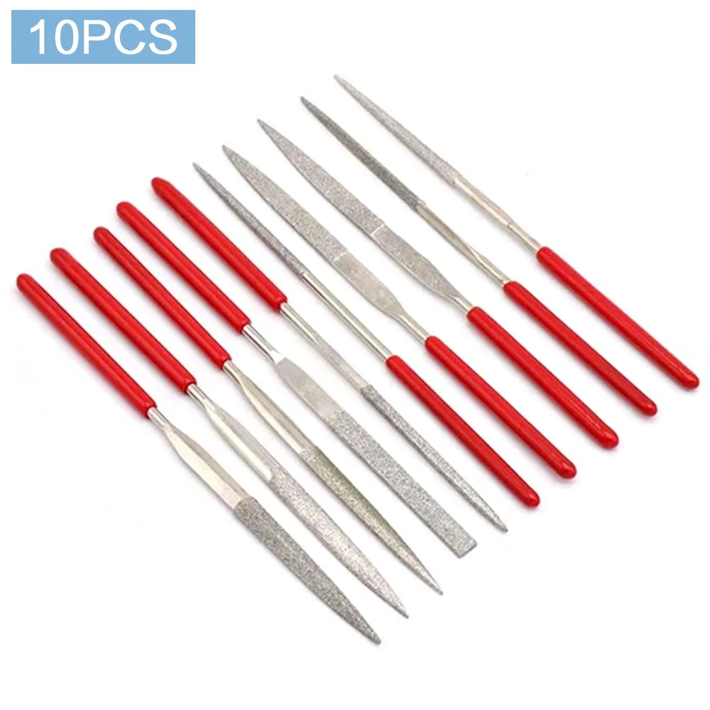 STONEGO Mini Needle File Set, 10PCS, Diamond Coated, 140mm Length, 3mm Width, for Ceramics, Glass, Gems, and Crafts