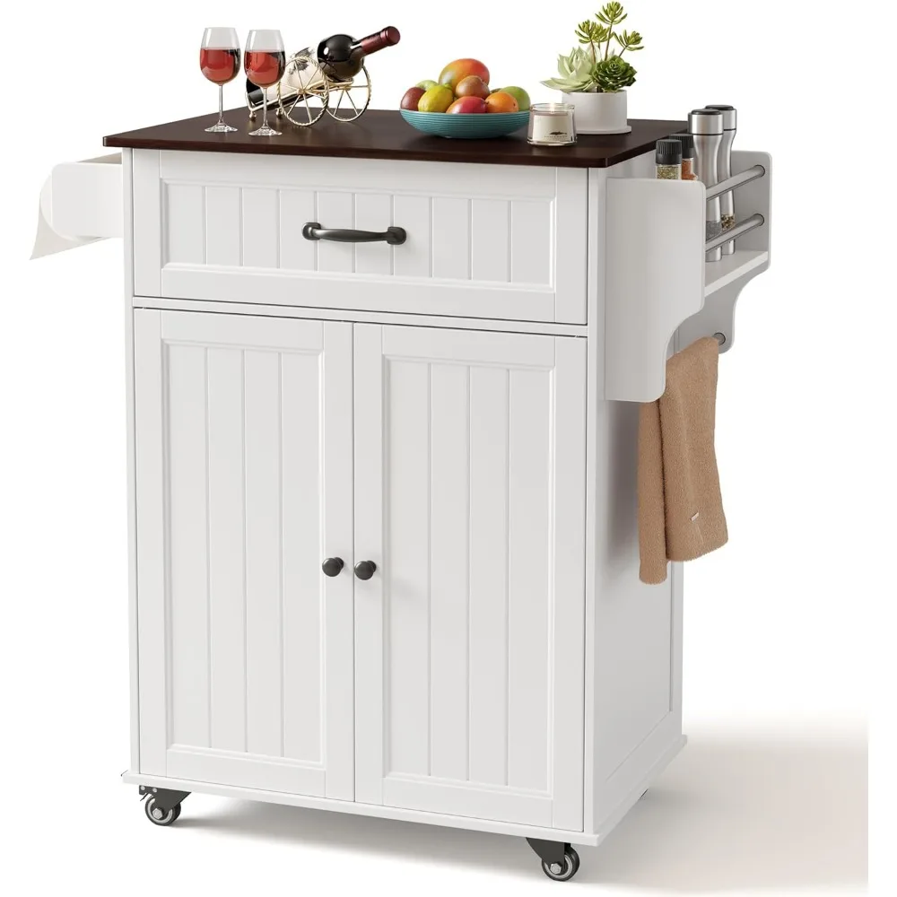 عربة جزيرة المطبخ جيسون بيضاء 33 واسعة مع رف قابل للتعديل وعربة متنقلة على عجلات معدنية ودرج وخزانة تخزين