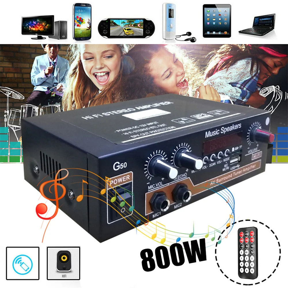 

G50 Sound Amplifier Bluetooth Digital Audio Amplify 2.0 Channel Supports USB TF MIC RCA FM Radio Import AC 110V / 220V