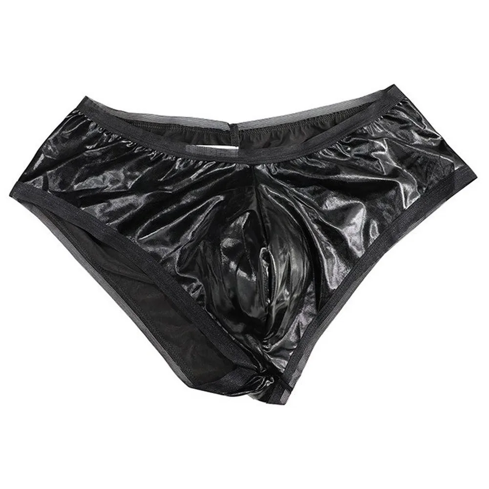 Men Fashion Briefs Faux Leather Underwear Bulge Pouch Solid Underpants Panties Intimate Lingerie For Daily Wear