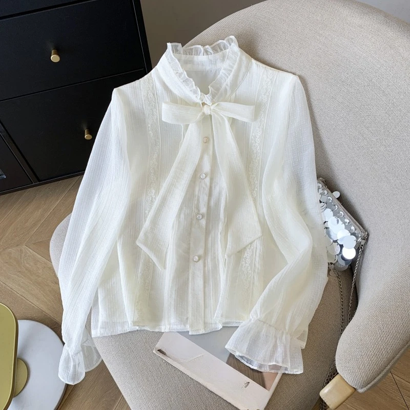 

Элегантные женские шифоновые топы с длинными рукавами, новинка 2023 года, осенняя однотонная повседневная блузка с длинным рукавом и воротником-стойкой для женщин