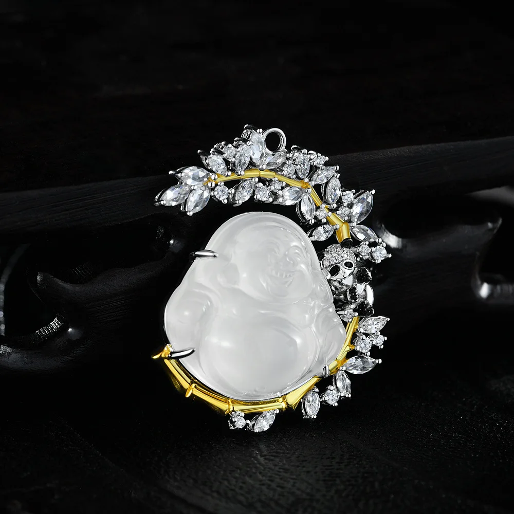 New Red Panda White Jade Marrow Buddha 25.7 * 25.9 Maitreya Buddha Design Pendant Female S925 Silver Wedding Jewelry