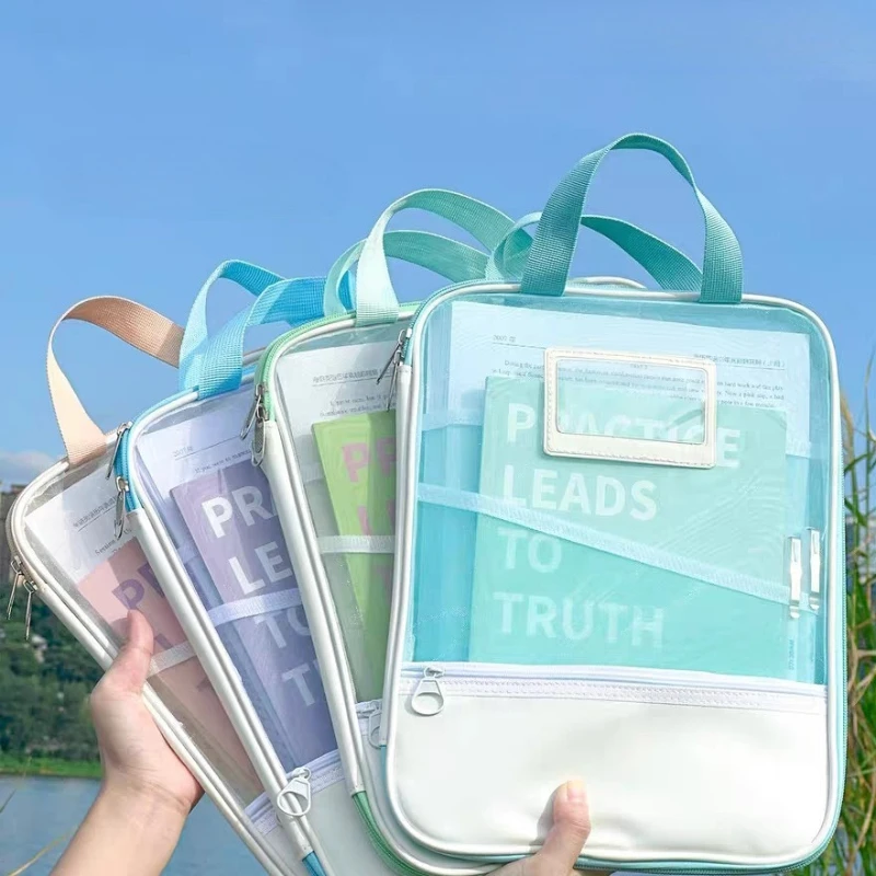 L-Shaped Mesh File Organizer Bag with Zipper Multi-Subject Classification Document Holder Transparent Exam Paper Storage Bag