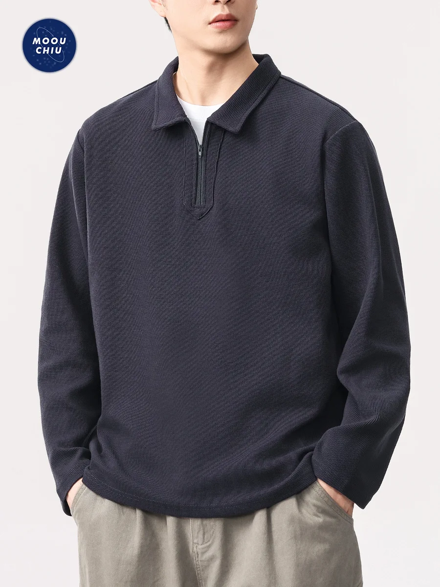 Men's 330G Heavyweight Waffle Knit Long-Sleeve Collared Polo Shirt Loose Military Style T-Shirt