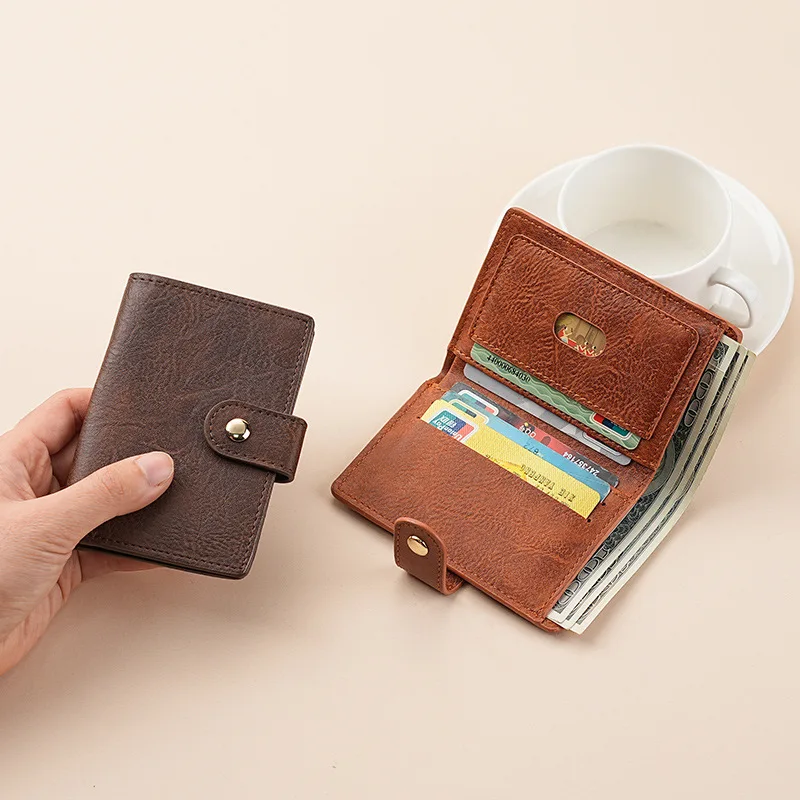 

Vintage Cracked Pattern Short Wallet PU Leather Fold Card Pouch High Quality Men's Credit Card Holder Simple Buckle Coin Purse
