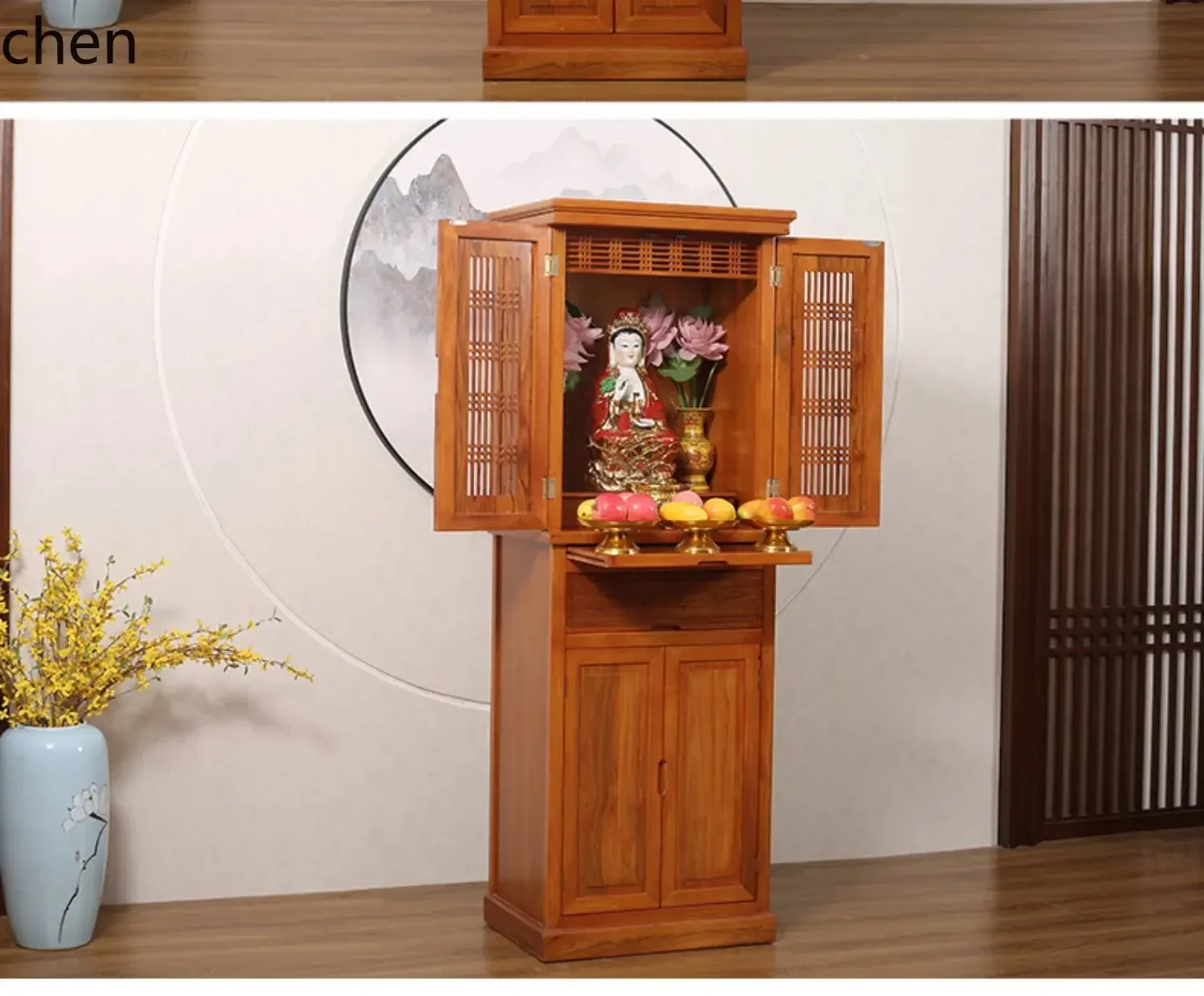 TQH7.2 solid wood Buddhist shrine with door for Taiwan Guanyin Bodhisattva Guan Gong God of Wealth Standing Cabinet Shrine