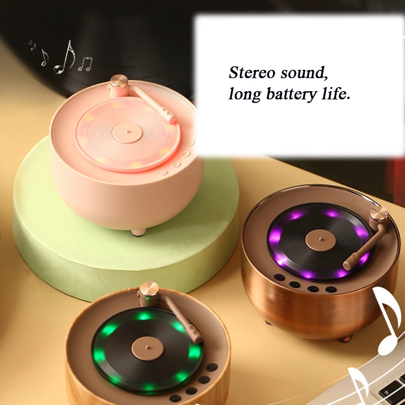 Mini Portable Retro Bluetooth Speaker Desktop Multi-function Wireless Speaker Long Lasting Vinyl Record Ambient Lighting