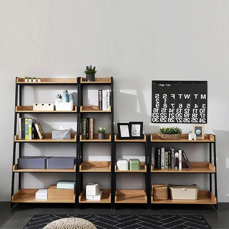 wrought iron solid wood shelves, household multi-layer storage and finishing bookcases