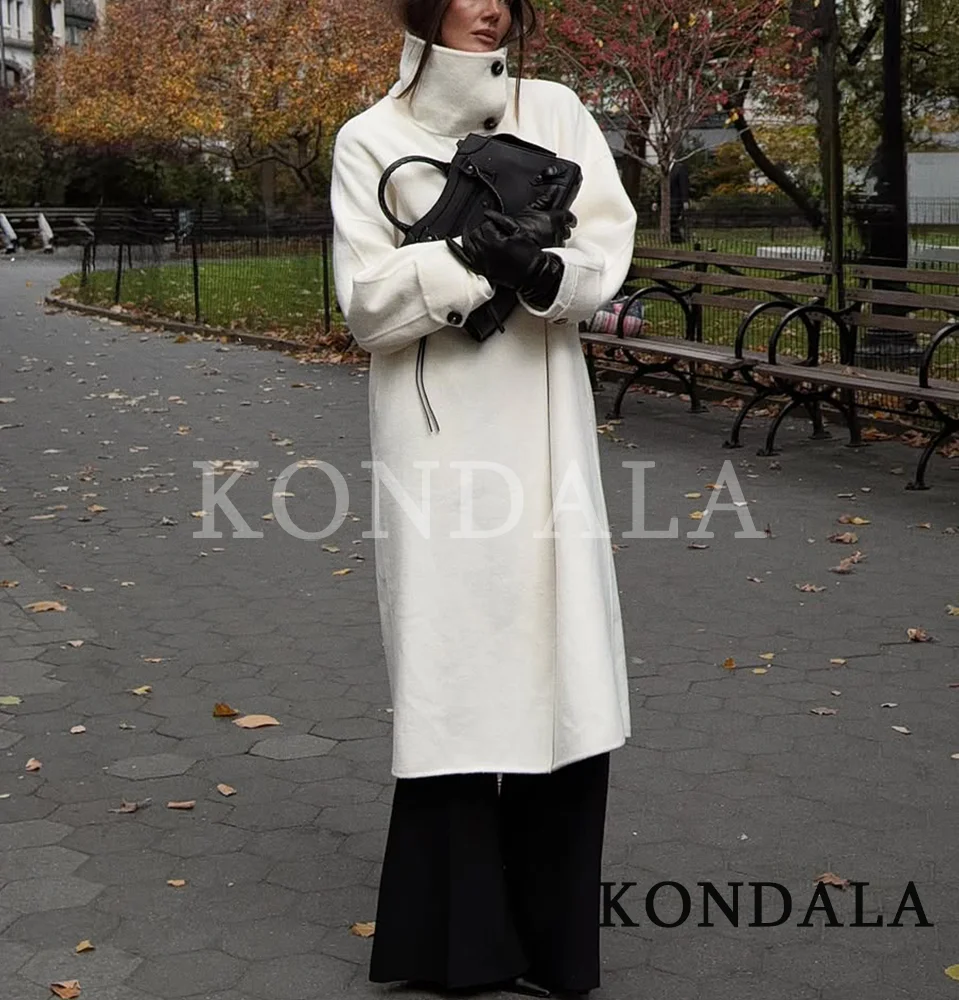 Kondala na moda gola alta casaco longo feminino high street elegante bege misturado casaco 2026 outono inverno moda comute casaco longo