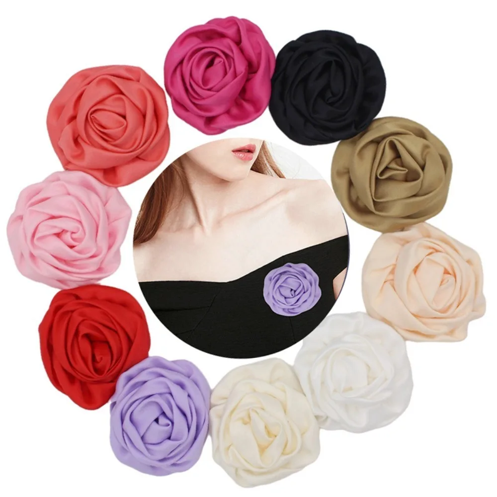 Retro Fashion 7CM Brooches DIY Big Satin Fabric Roll Floral Brooch Handmade Lapel Pin Chest Flower Wedding Dress Decoration