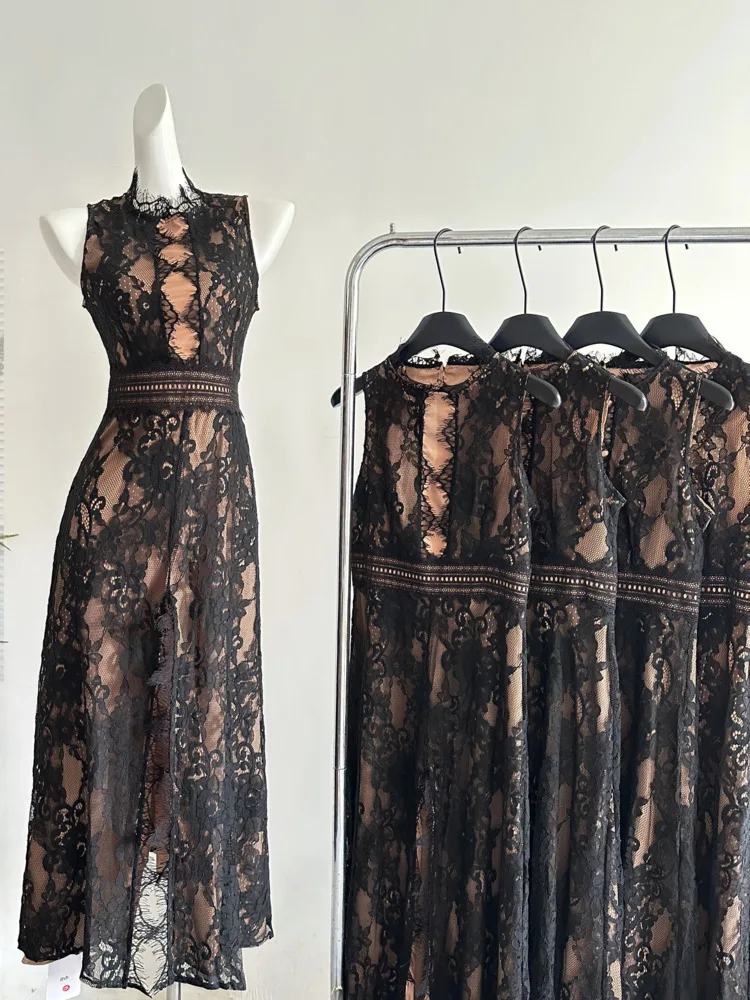 Sexy Sleeveless Lace Hollow Out Long Dress Women Black O Neck Cut Out Split Slim Backless Dresses Evening Party Cocktail Gowns