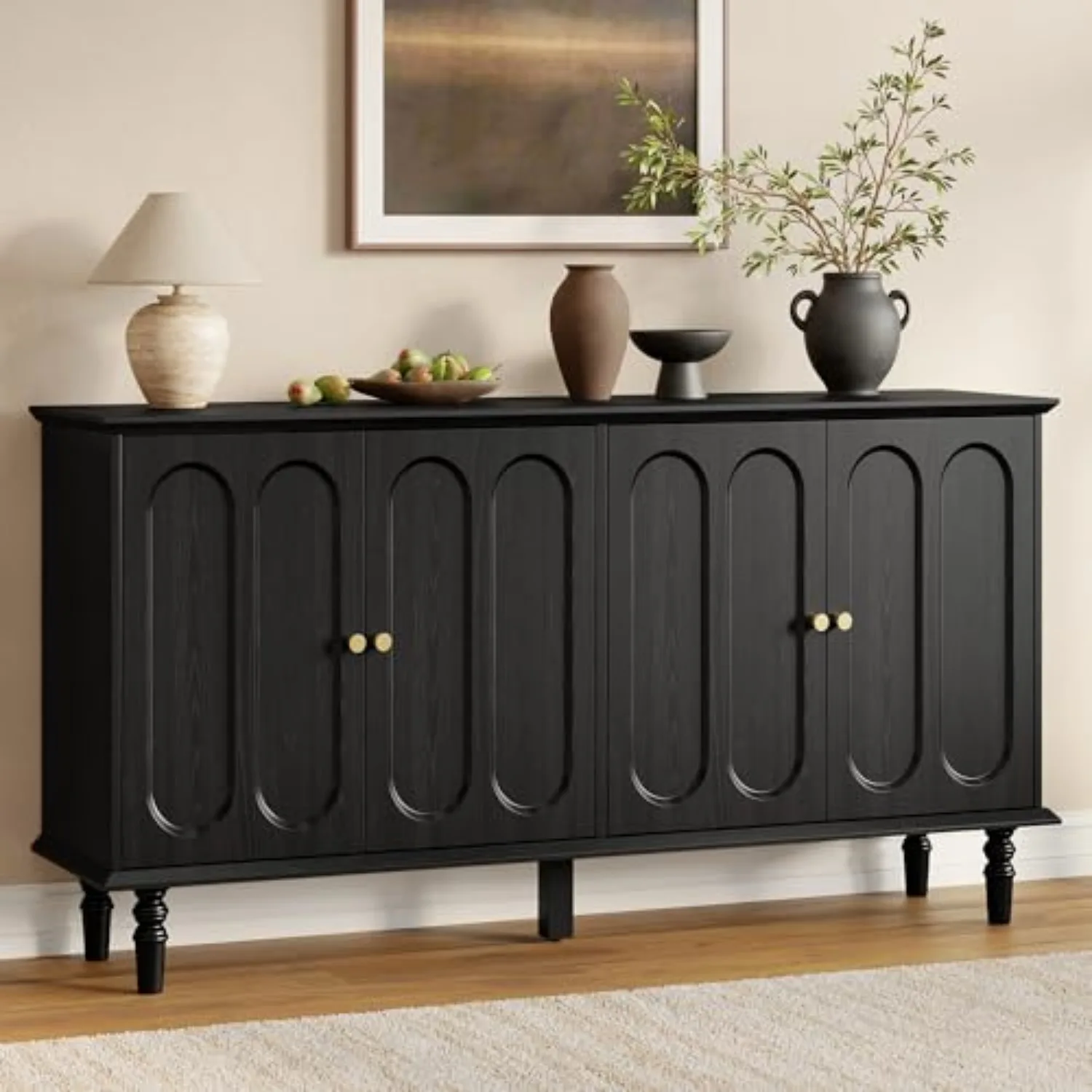 63 Inch Buffet Cabinet with Storage, Arched Sideboard Cabinet with 4 Doors and Adjustable Shelves, Wooden Coffee Bar