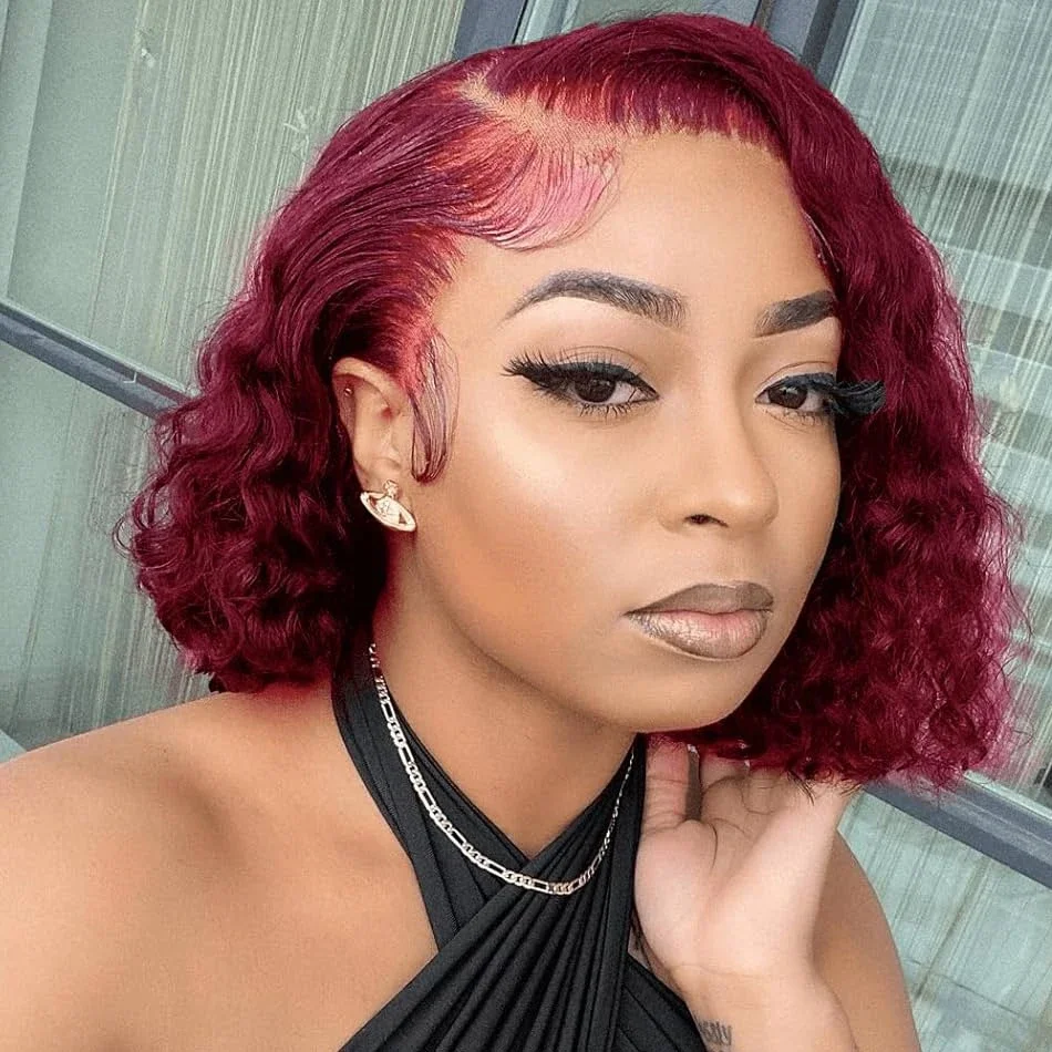 99J Burgundy Short Bob Hair Wig Side Part Lace Front Wig Human Hair Red Colored Deep Water Wave Lace Frontal Wig 100% Human Hair