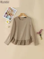 ZANZEA 2025 Fashion Women Tops Casual Loose Lace Stitching Solid Color Blouse Holiday Long Sleeve O-neck Tunic Blusas Femininas