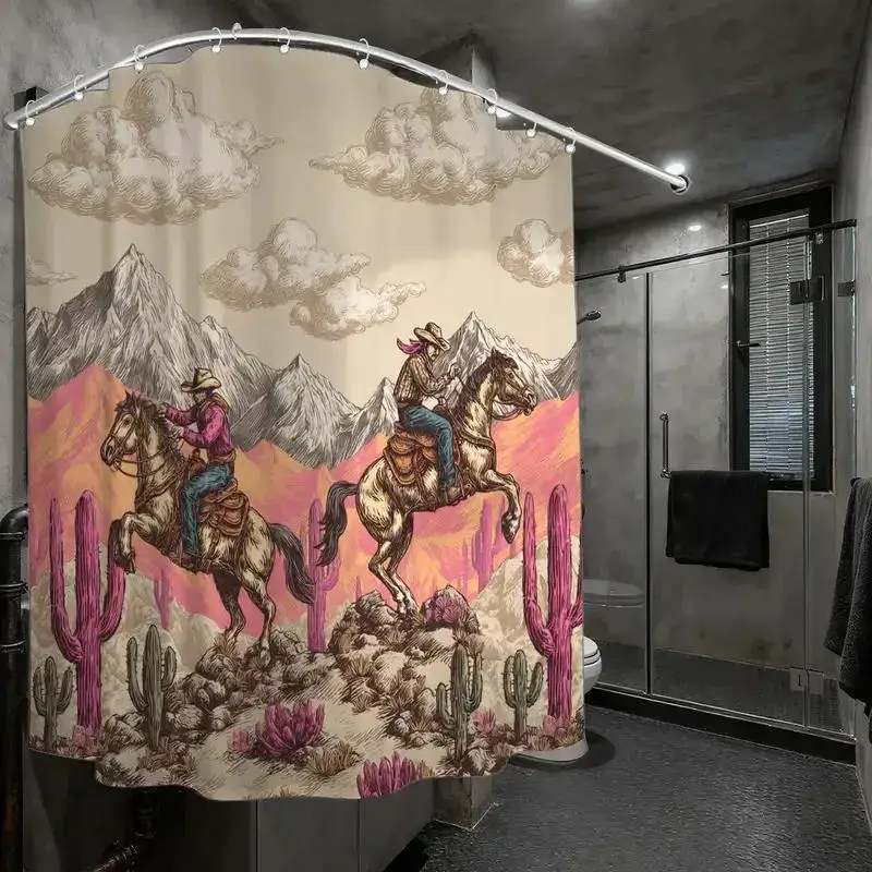 

Занавеска для душа в стиле вестерн-ковбой – с изображением всадников, кактусов и гор, 12 крючков, 70,87×70,87 дюймов, водонепроницаемый декор для ванной комнаты