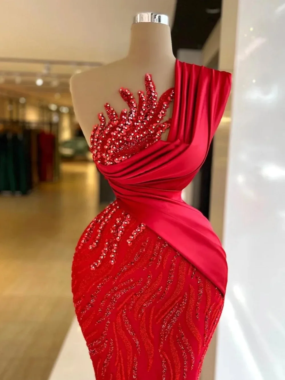 One Shoulder Long Evening Dress Luxury Beaded Pearls  Floor Length Red Formal Wedding Guest Party Dress Special Occasions Gown