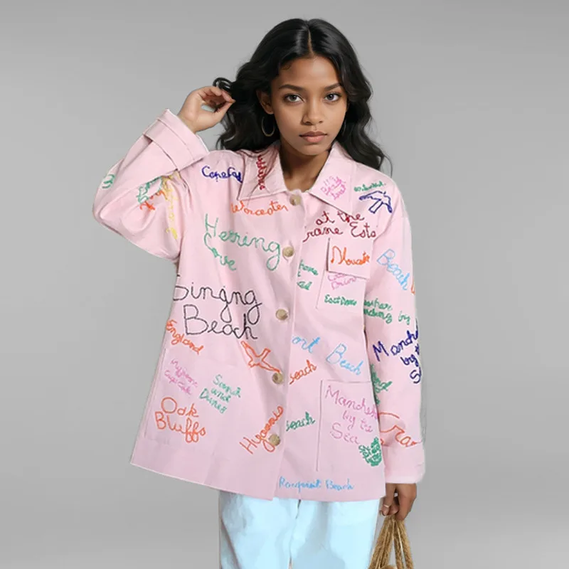 WTHT 2025 moda de primavera chaqueta vaquera con letras coloridas empalmadas para mujer nuevo abrigo de manga larga con cuello vuelto para mujer 1LS668