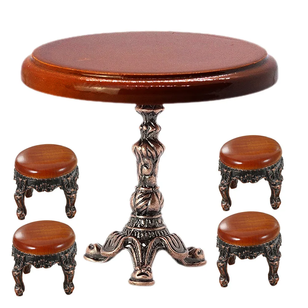 

1Set Miniature Round Table Wooden Side Table Stools for Dollhouse Decoration Mini Furniture Accessories Miniature House